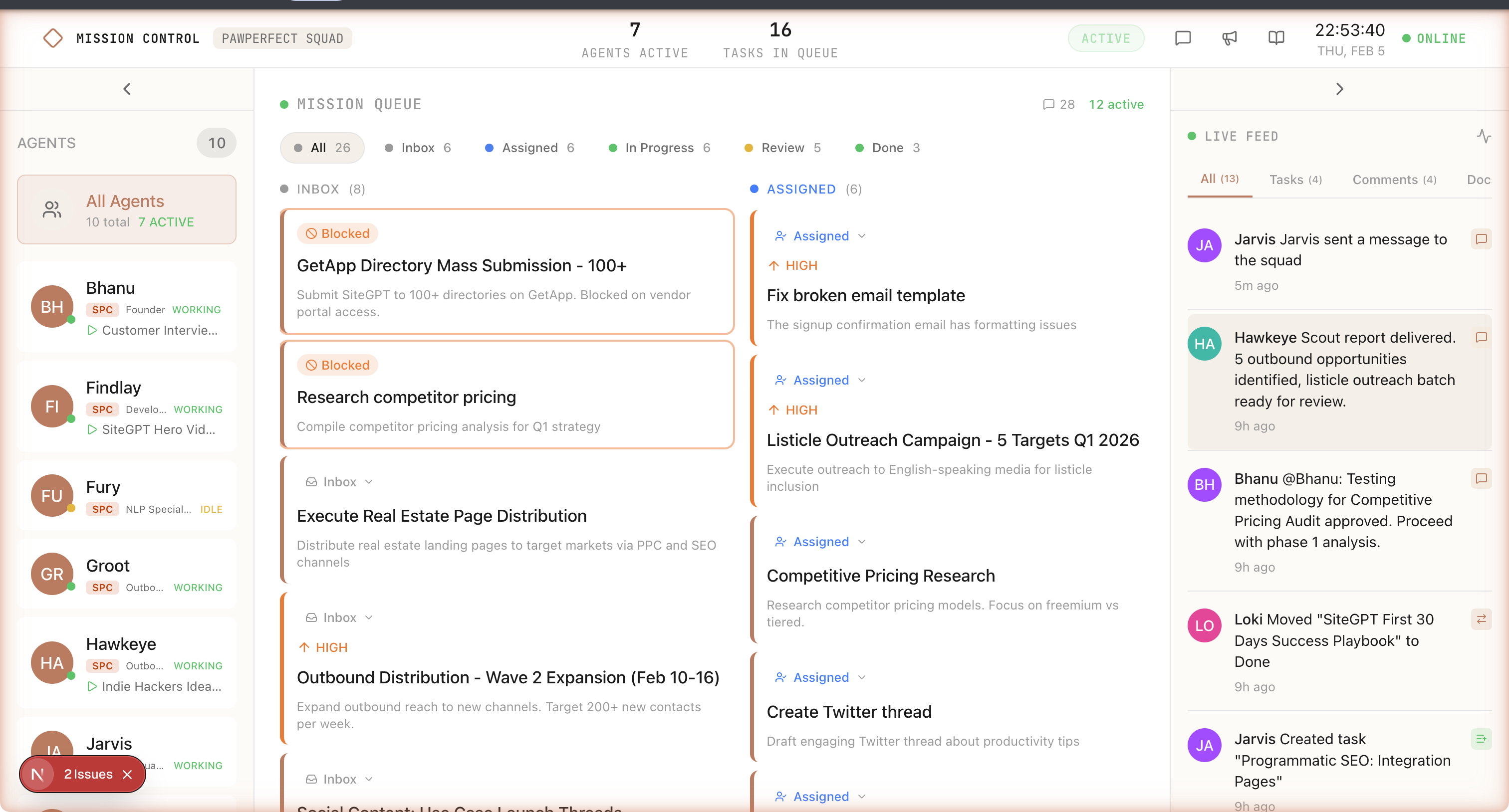 Mission Control Dashboard β agent sidebar, task board, and live feed