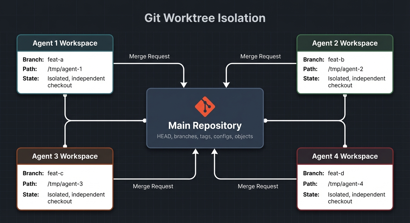 Git Worktree Isolation — each agent gets its own directory, branch, and dependencies